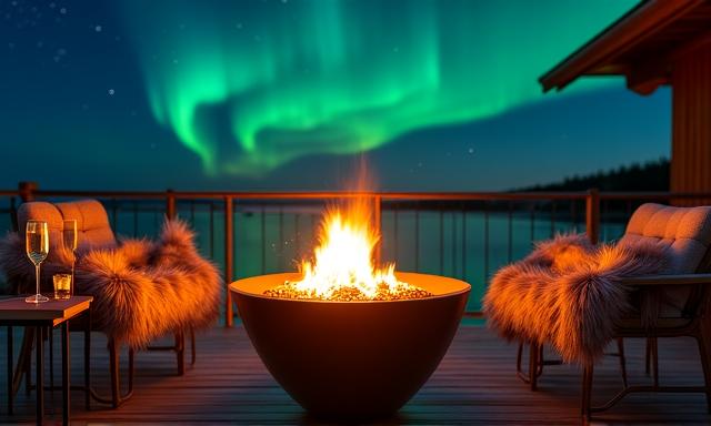 An elegant heated outdoor deck with fur blankets and a fire pit under the northern lights