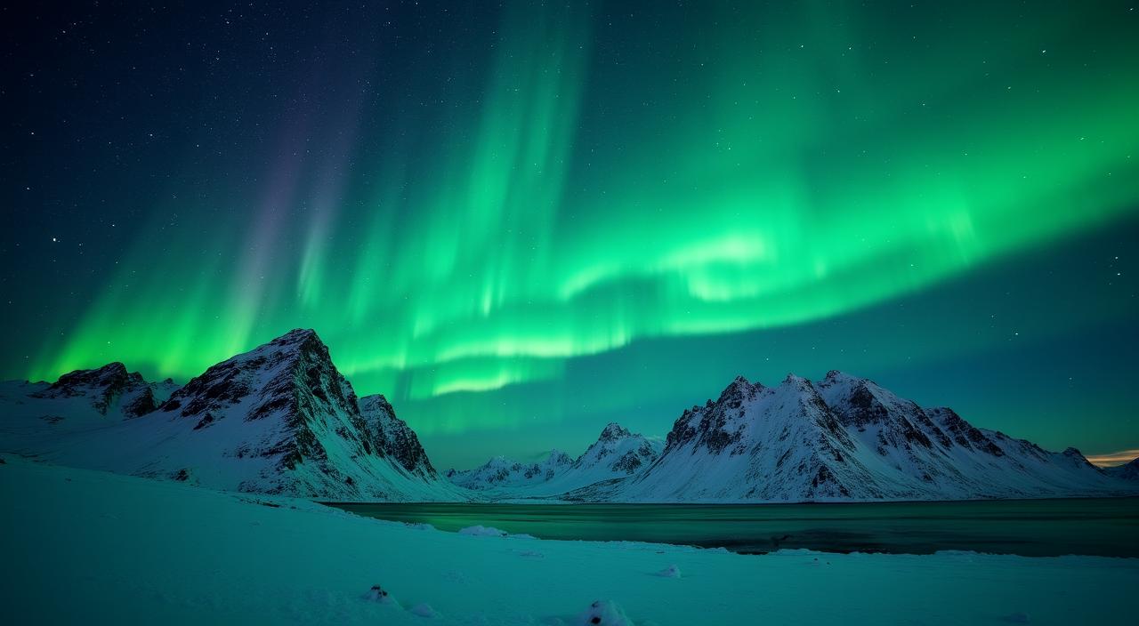 Vibrant green Aurora Borealis dancing over a snowy Arctic mountain range