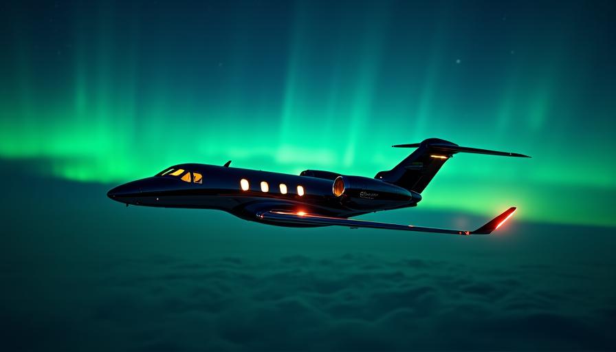 Private jet flying through a clear night sky with green aurora ribbons in the background