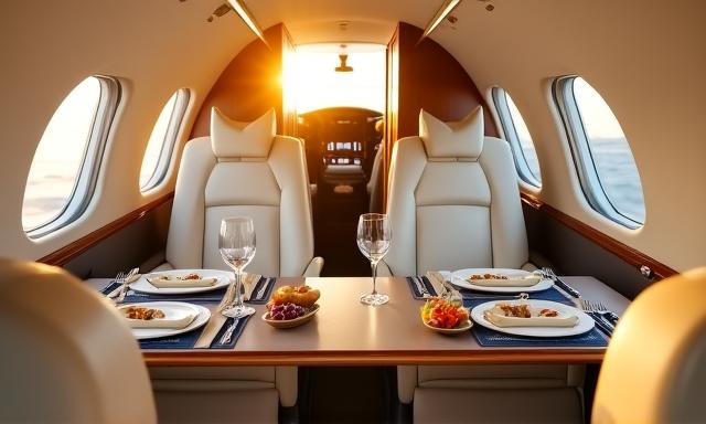 Luxury private jet interior with bespoke catering