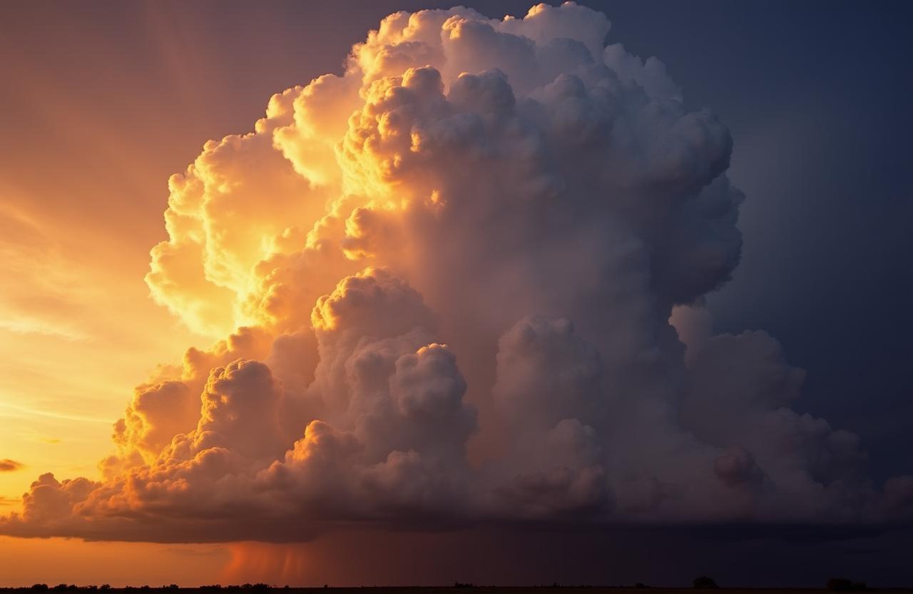 Majestic storm clouds illuminated by golden sunset light