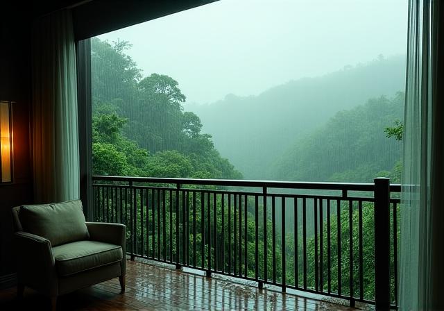 Cinematic shot of heavy monsoon rain falling over a lush tropical valley from a luxury balcony