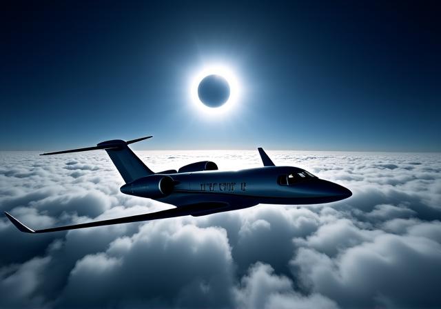 Luxury private jet flying above a sea of clouds toward a total solar eclipse