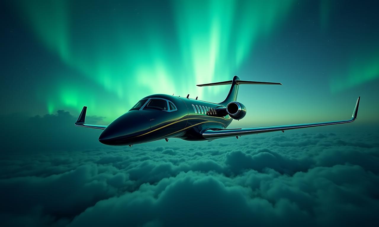 Breathtaking private jet flight through auroral lights