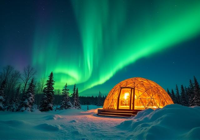 The Aurora Borealis dancing over a luxury glass igloo