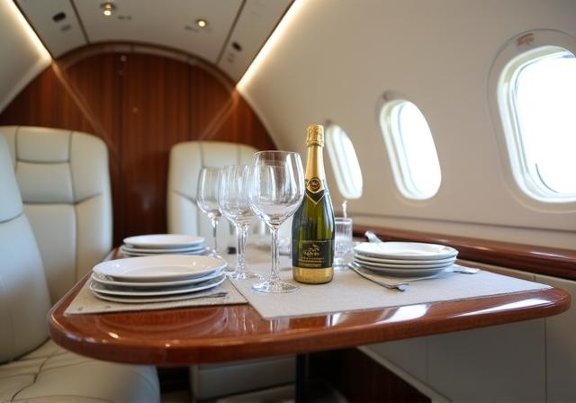 Interior of a private jet set for a luxury fine dining experience