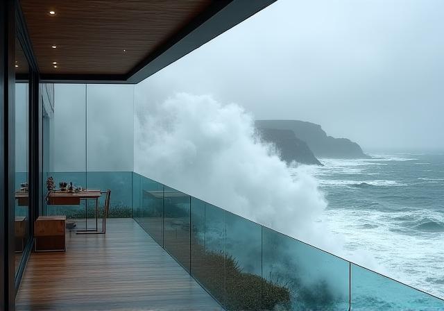 Powerful ocean waves crashing against a rugged cliffside near a luxury villa