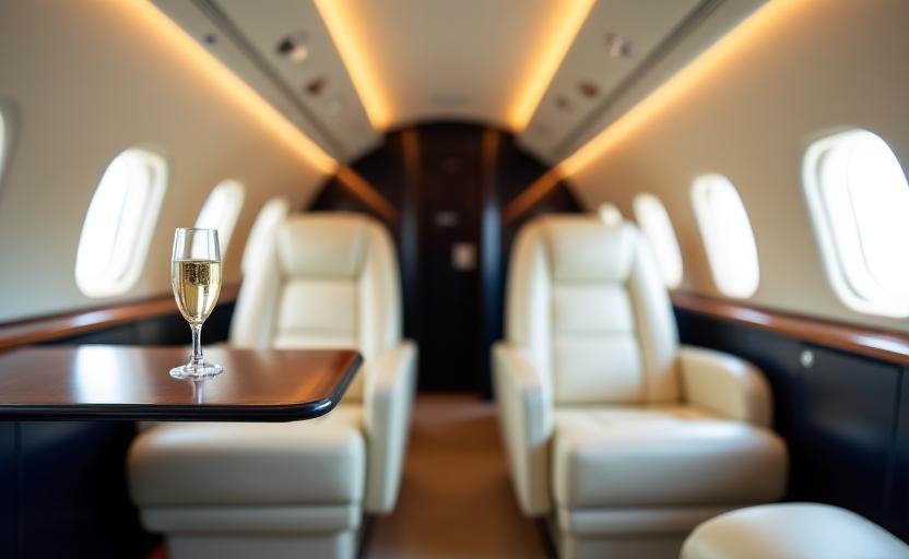 Modern luxury private jet cabin with bespoke beige leather seating and champagne service