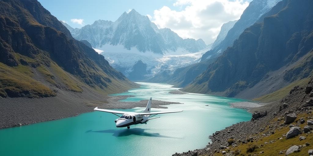 Small private aircraft landing on a scenic remote airstrip surrounded by mountains