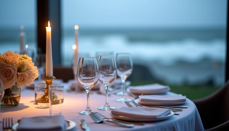 Elegant fine dining table set inside a glass-walled structure overlooking a moody coastal storm