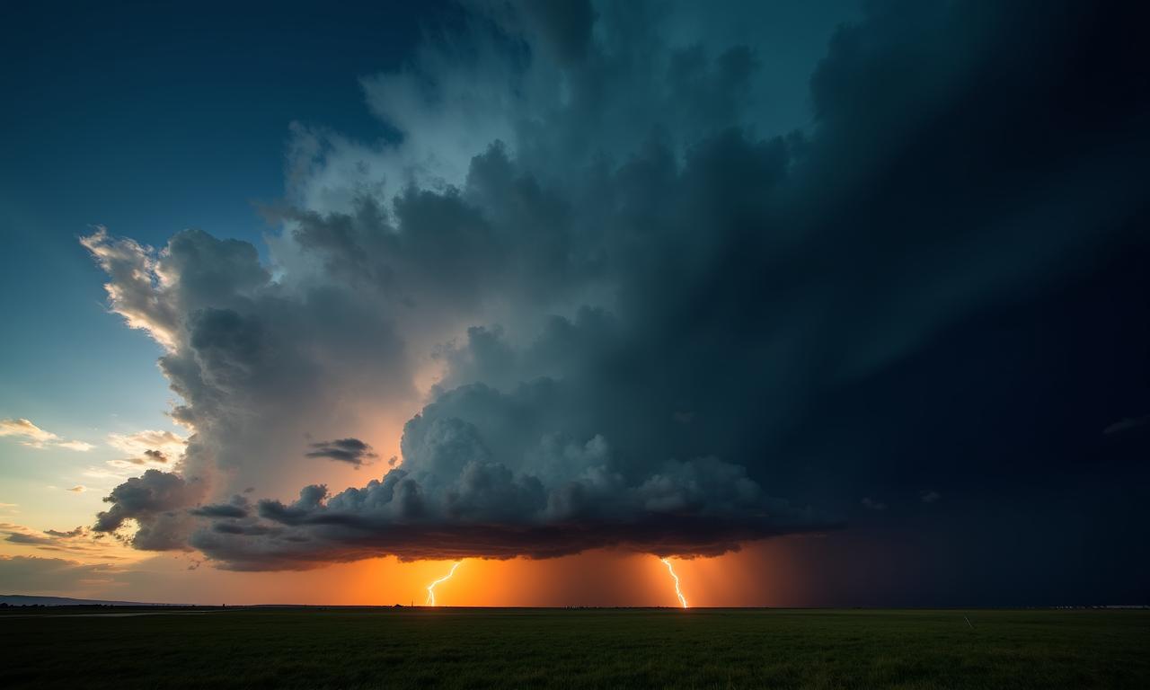 Dramatic lightning storm over a dark horizon