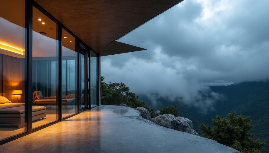 Luxury storm lodge with floor-to-ceiling reinforced glass viewing majestic clouds